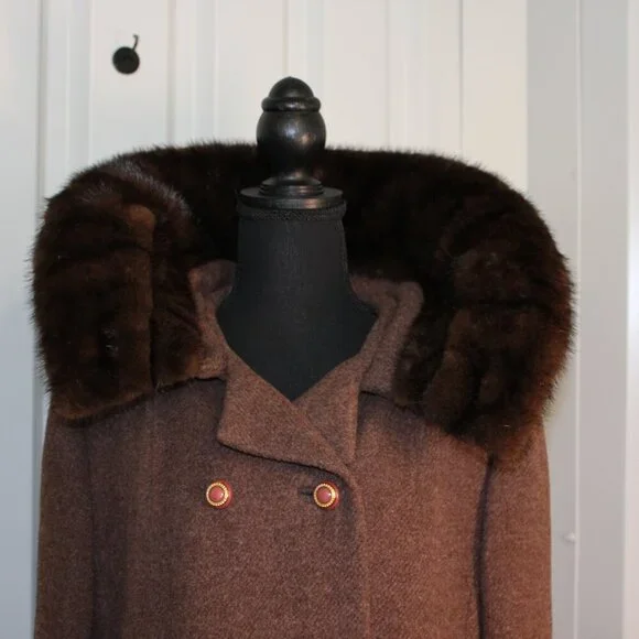 Vintage Garfinkels Womens Wool? Coat Mink Fur Collar Double Breasted NWT Large? - Picture 3 of 16